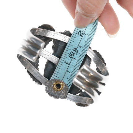 6.25" Vintage Navajo Silver cuff bracelet with two turquoise and leaves - Estate Fresh Austin