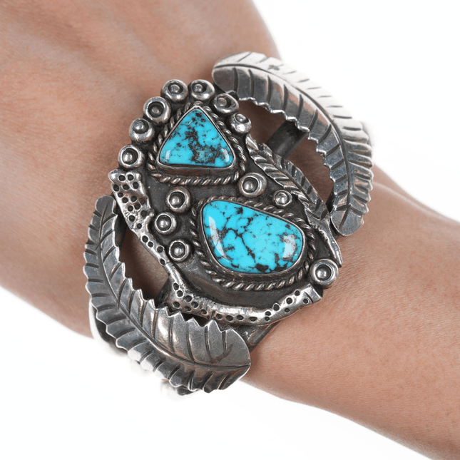 6.25" Vintage Navajo Silver cuff bracelet with two turquoise and leaves - Estate Fresh Austin