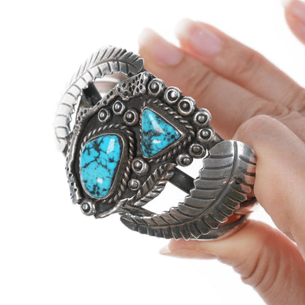 6.25" Vintage Navajo Silver cuff bracelet with two turquoise and leaves - Estate Fresh Austin
