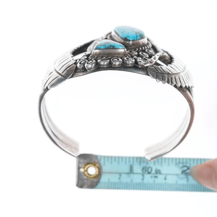 6.25" Vintage Navajo Silver cuff bracelet with two turquoise and leaves - Estate Fresh Austin