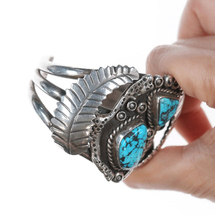 6.25" Vintage Navajo Silver cuff bracelet with two turquoise and leaves - Estate Fresh Austin