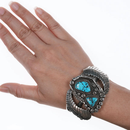 6.25" Vintage Navajo Silver cuff bracelet with two turquoise and leaves - Estate Fresh Austin