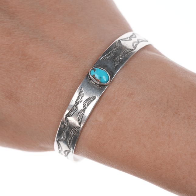 6.25" Vintage Navajo silver hand stamped cuff bracelet with center turquoise - Estate Fresh Austin