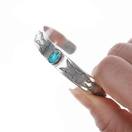 6.25" Vintage Navajo silver hand stamped cuff bracelet with center turquoise - Estate Fresh Austin