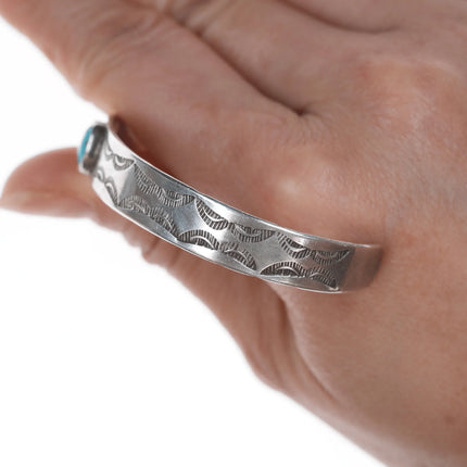 6.25" Vintage Navajo silver hand stamped cuff bracelet with center turquoise - Estate Fresh Austin