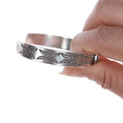 6.25" Vintage Navajo silver hand stamped cuff bracelet with center turquoise - Estate Fresh Austin