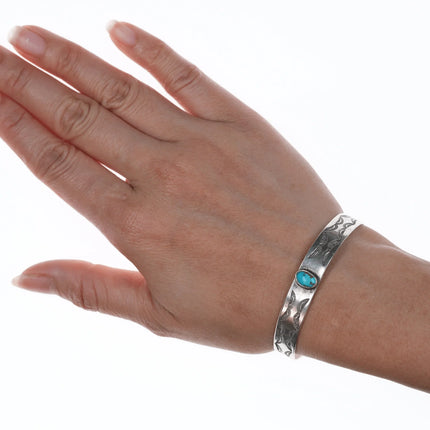 6.25" Vintage Navajo silver hand stamped cuff bracelet with center turquoise - Estate Fresh Austin