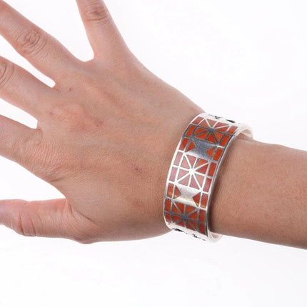 6.25" Vintage Zuni Coral flush inlay silver bracelet - Estate Fresh Austin