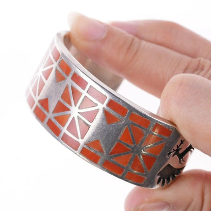 6.25" Vintage Zuni Coral flush inlay silver bracelet - Estate Fresh Austin