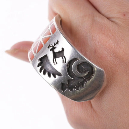 6.25" Vintage Zuni Coral flush inlay silver bracelet - Estate Fresh Austin