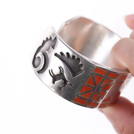 6.25" Vintage Zuni Coral flush inlay silver bracelet - Estate Fresh Austin