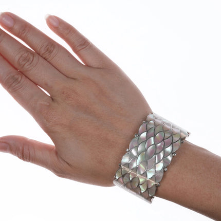 6.25" Vintage Zuni Mother of pearl fishscale inlay silver cuff bracelet - Estate Fresh Austin
