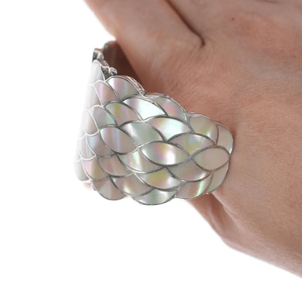 6.25" Vintage Zuni Mother of pearl fishscale inlay silver cuff bracelet - Estate Fresh Austin