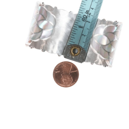 6.25" Vintage Zuni Mother of pearl fishscale inlay silver cuff bracelet - Estate Fresh Austin