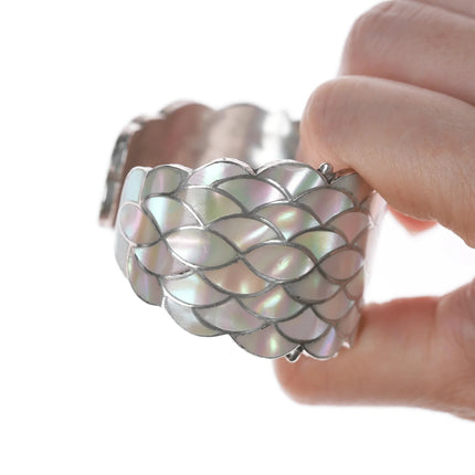 6.25" Vintage Zuni Mother of pearl fishscale inlay silver cuff bracelet - Estate Fresh Austin