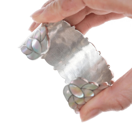 6.25" Vintage Zuni Mother of pearl fishscale inlay silver cuff bracelet - Estate Fresh Austin