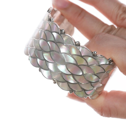 6.25" Vintage Zuni Mother of pearl fishscale inlay silver cuff bracelet - Estate Fresh Austin