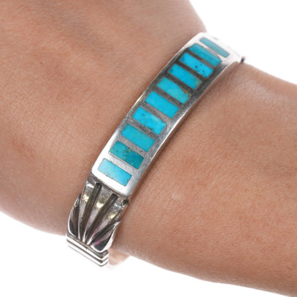 6.25" Vintage Zuni Sterling flush inlay turquoise cuff bracelet - Estate Fresh Austin