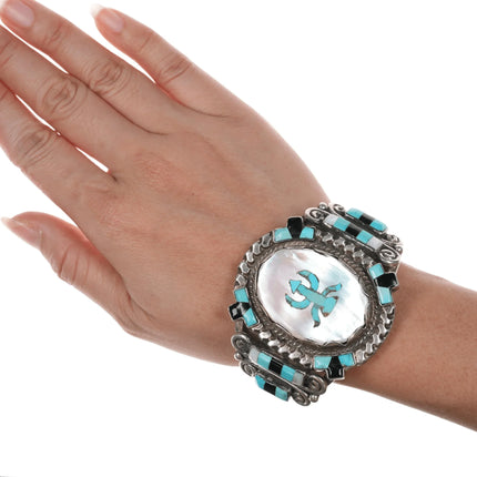 6.25" Vintage Zuni Sterling MOP, turquoise, and jet cuff bracelet - Estate Fresh Austin