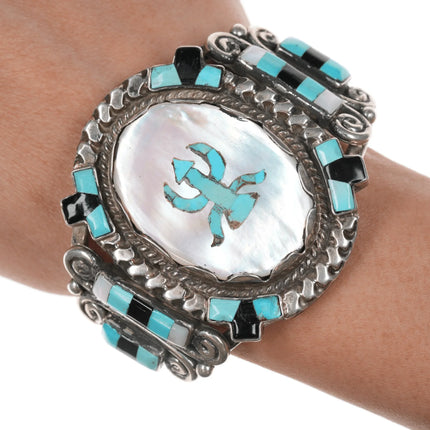 6.25" Vintage Zuni Sterling MOP, turquoise, and jet cuff bracelet - Estate Fresh Austin