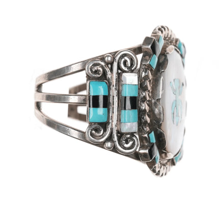 6.25" Vintage Zuni Sterling MOP, turquoise, and jet cuff bracelet - Estate Fresh Austin