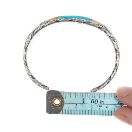 6.25" Vintage Zuni Turquoise and Shell channel inlay silver cuff bracelet - Estate Fresh Austin