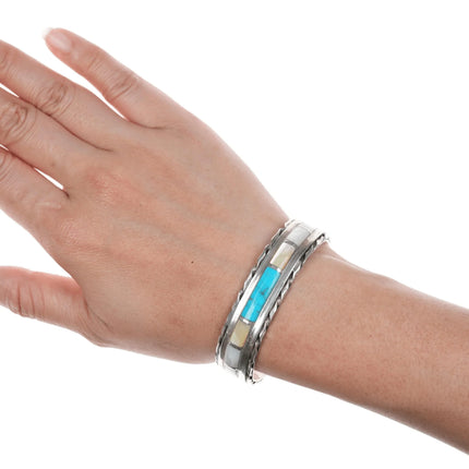 6.25" Vintage Zuni Turquoise and Shell channel inlay silver cuff bracelet - Estate Fresh Austin