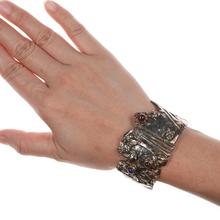 6.25" William & Shellie New York Modernist sterling/22k Amethyst and Garnet cuff bracelet - Estate Fresh Austin