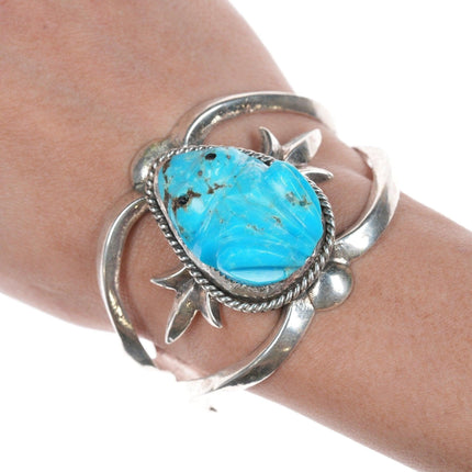 6.25" Zuni Carved Turquoise Frog Sterling cast cuff bracelet - Estate Fresh Austin