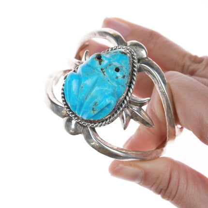 6.25" Zuni Carved Turquoise Frog Sterling cast cuff bracelet - Estate Fresh Austin