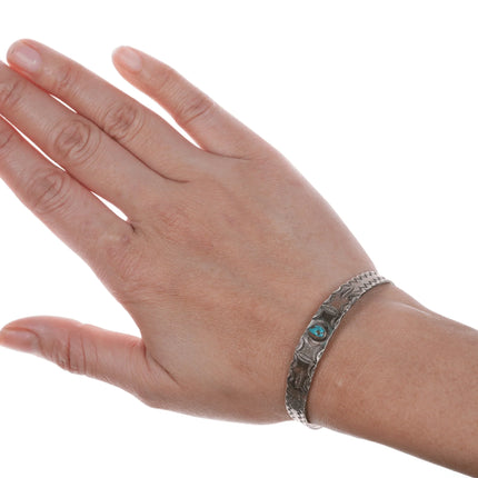 6.35" 30's-40's Stamped Silver Cuff Bracelet with turquoise - Estate Fresh Austin