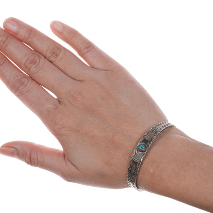 6.35" 30's-40's Stamped Silver Cuff Bracelet with turquoise - Estate Fresh Austin