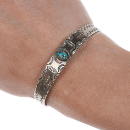6.35" 30's-40's Stamped Silver Cuff Bracelet with turquoise - Estate Fresh Austin