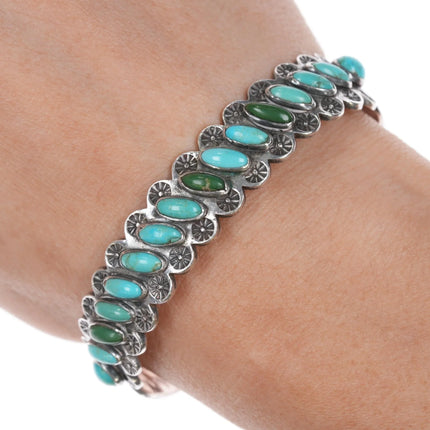 6.5" 1930's Heavily stamped whirling log silver turquoise row cuff bracelet - Estate Fresh Austin