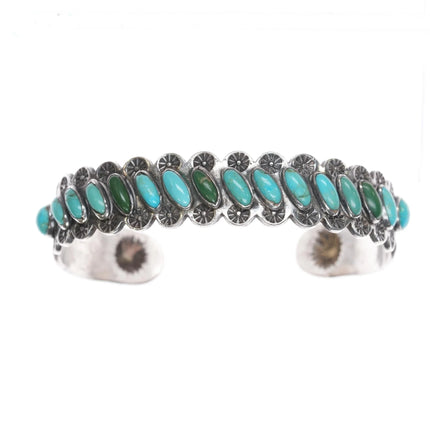 6.5" 1930's Heavily stamped whirling log silver turquoise row cuff bracelet - Estate Fresh Austin