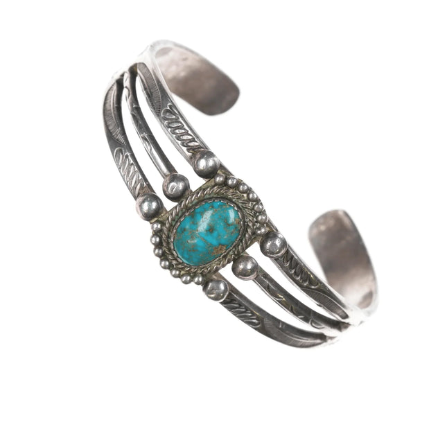 6.5" 1930'S Navajo ingot silver hand stamped cuff bracelet with nice turquoise - Estate Fresh Austin