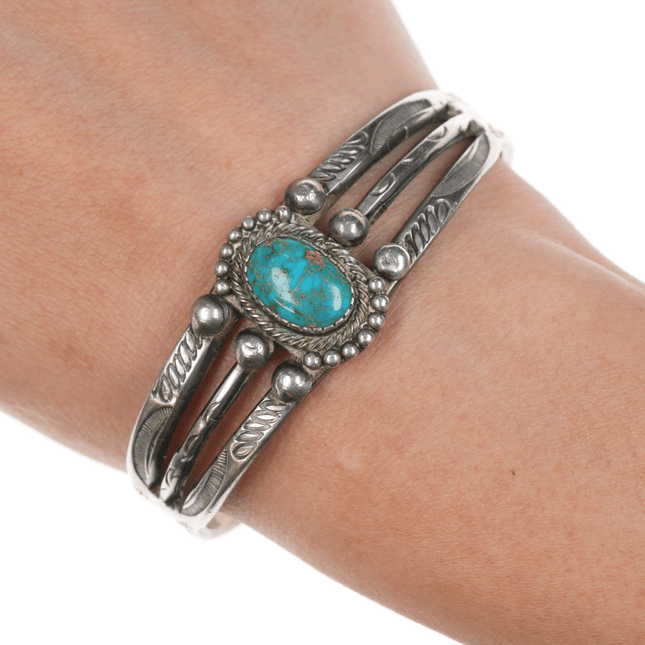 6.5" 1930'S Navajo ingot silver hand stamped cuff bracelet with nice turquoise - Estate Fresh Austin