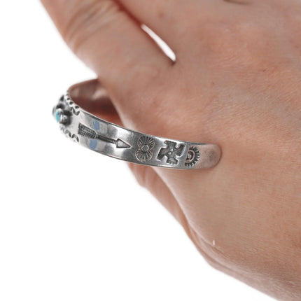 6.5" 1930's Navajo Whirling Logs stamped silver cuff bracelet with turquoise - Estate Fresh Austin