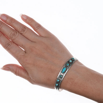6.5" 1930's Navajo Whirling Logs stamped silver cuff bracelet with turquoise - Estate Fresh Austin