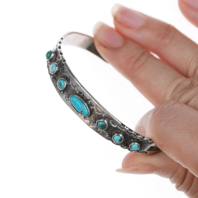 6.5" 1930's Navajo Whirling Logs stamped silver cuff bracelet with turquoise - Estate Fresh Austin