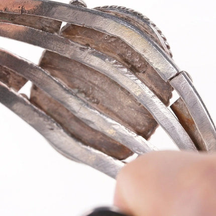 6.5" 1940's Navajo Repousse/stamped silver petrified wood bracelet - Estate Fresh Austin