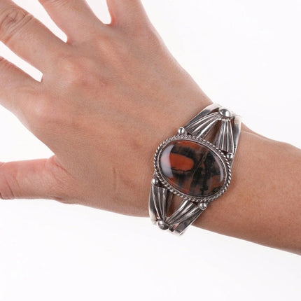 6.5" 1940's Navajo Repousse/stamped silver petrified wood bracelet - Estate Fresh Austin