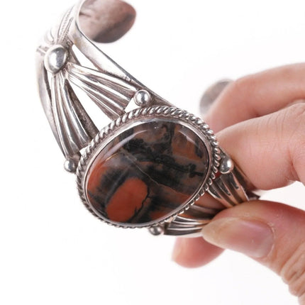 6.5" 1940's Navajo Repousse/stamped silver petrified wood bracelet - Estate Fresh Austin