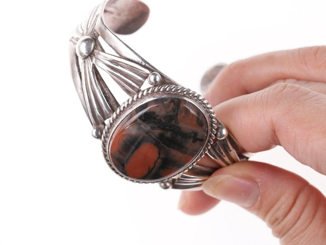6.5" 1940's Navajo Repousse/stamped silver petrified wood bracelet - Estate Fresh Austin