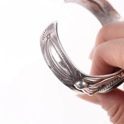 6.5" 1940's Navajo Repousse/stamped silver petrified wood bracelet - Estate Fresh Austin