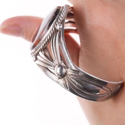 6.5" 1940's Navajo Repousse/stamped silver petrified wood bracelet - Estate Fresh Austin