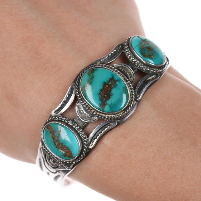 6.5" 1950's Luke Billy Yazzie Navajo silver cuff bracelet with nice turquoise - Estate Fresh Austin