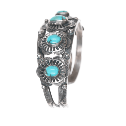 6.5" 20's - 30's Navajo Ingot silver hand stamped conchos turquoise cuff bracelet - Estate Fresh Austin