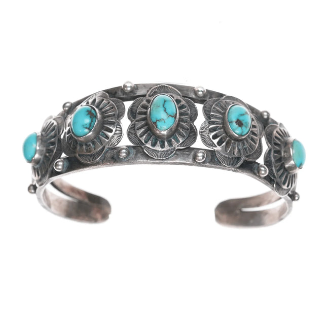 6.5" 20's-30's Navajo Ingot silver hand stamped conchos turquoise cuff bracelet - Estate Fresh Austin