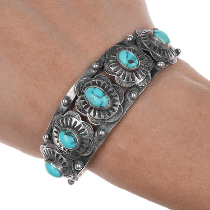 6.5" 20's - 30's Navajo Ingot silver hand stamped conchos turquoise cuff bracelet - Estate Fresh Austin